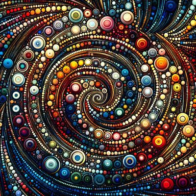 The primary subject of the image is a colorful spiral pattern, which is a digital art piece. The spiral is composed of various shapes, including circles and other geometric forms, creating a visually striking and vibrant design. The setting is a digital background, and the visual style is a combination of digital art and illustration. The dominant colors in the image are a mix of bright and warm hues, creating a lively and energetic atmosphere.
